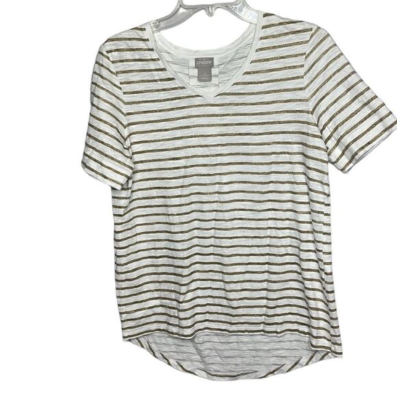 Chico’s Slub Gold Stripe Tee Shirt. Size 0. (Small) - Picture 1 of 7